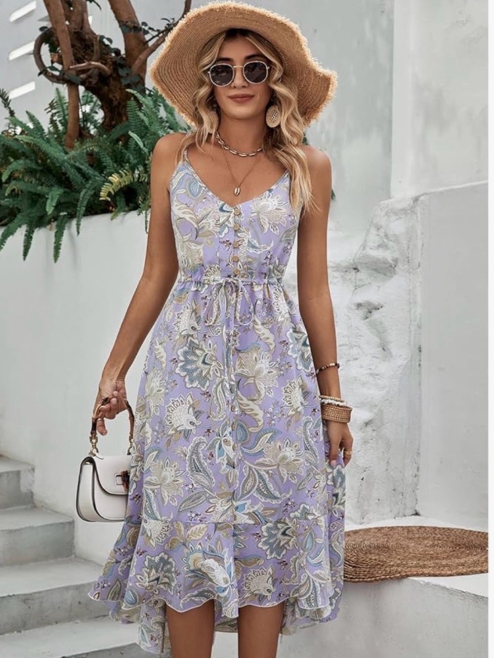 Lavender Paisley Midi Dress with V-Neck and Tie Waist - Picture 2 of 3